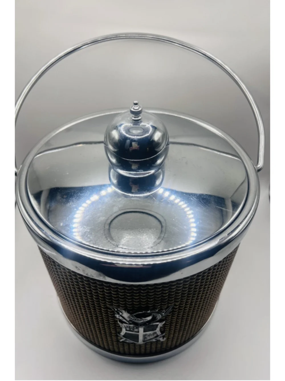 Vintage Chrome MCM Ice Bucket Bronze Silver Beaded Crest Shield w/ Lid & Handle